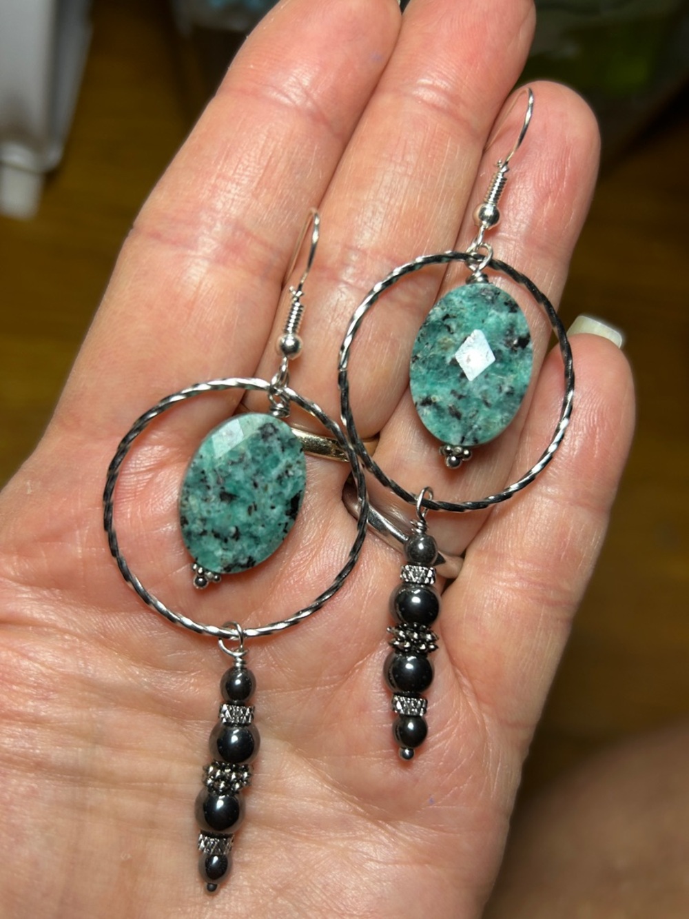 3/$25 Ruby Zoisite Stone Hoop Earrings with Hematite Bead Drops